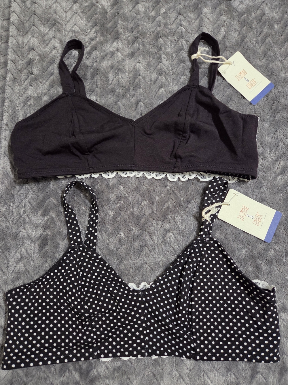 Jasmine & Ginger Jrs. Black and Black Polka Dot Soft Bralette Duo